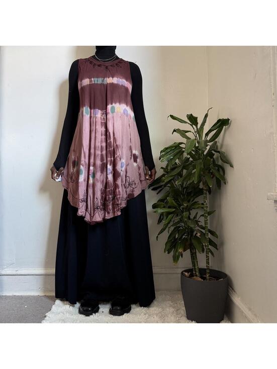 Dresses & Skirts - Boho Shibori Tie Dye High-Low Dress | Mauve Rose Sleeveless floral Embroidered‎